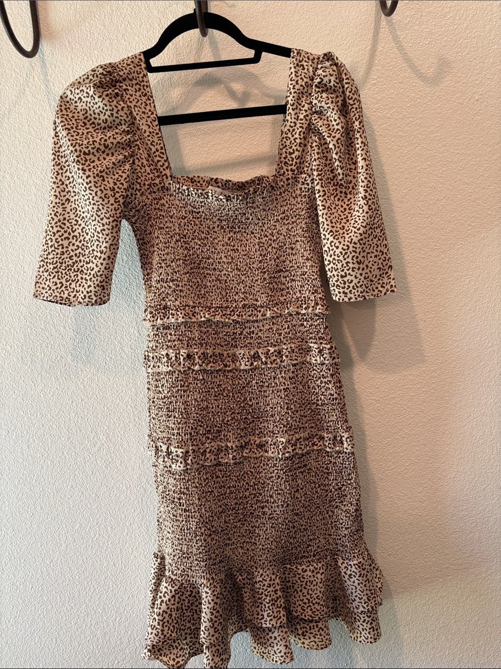HYFVE Beige Leopard Smocked Midi Dress with Ruffle Hem